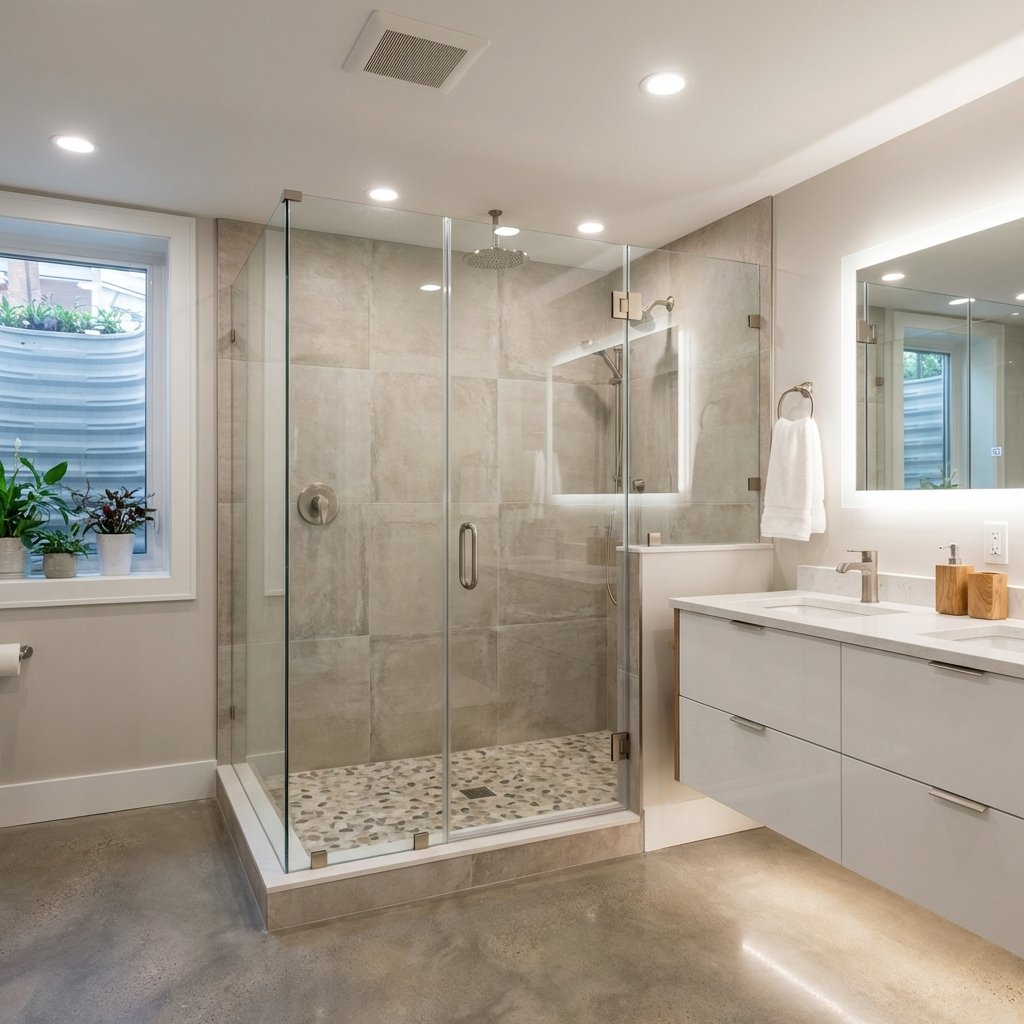 Modern basement bathroom with glass shower