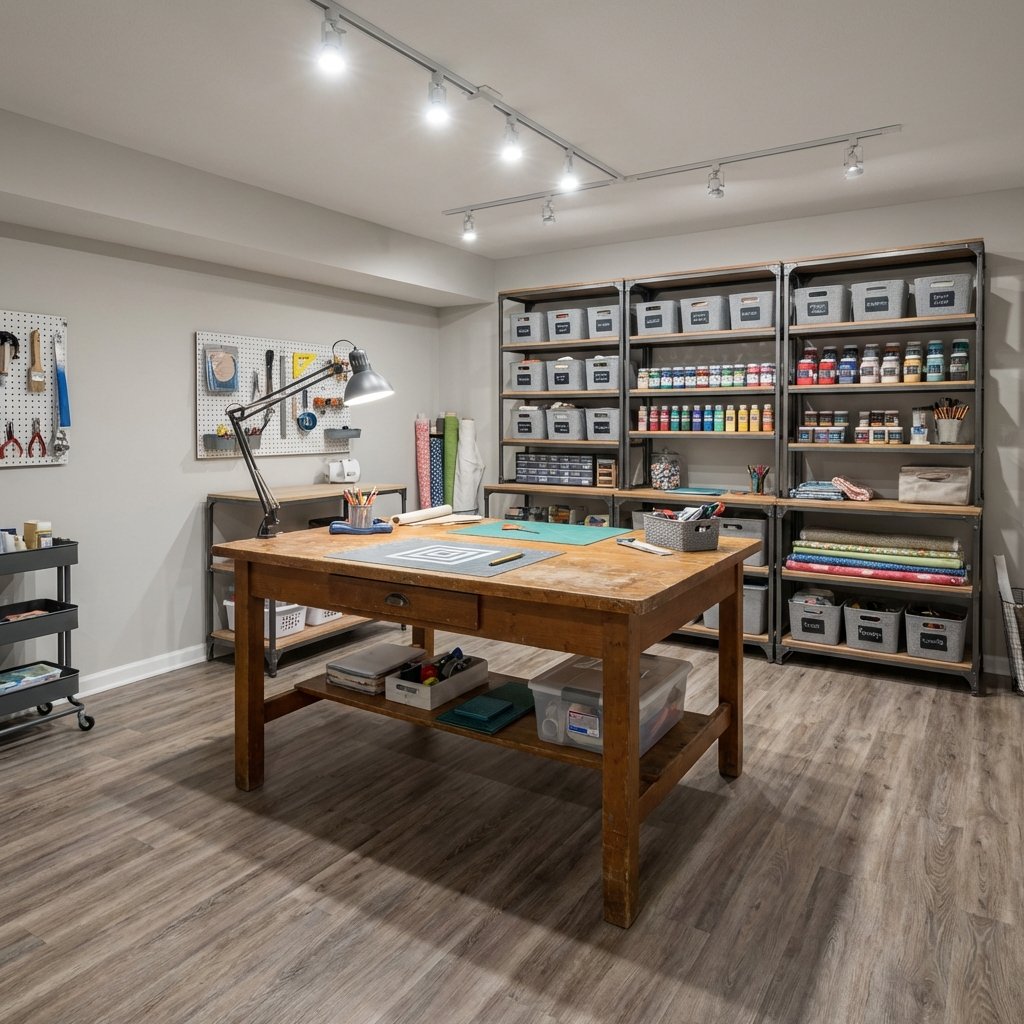 Organized basement craft and hobby room