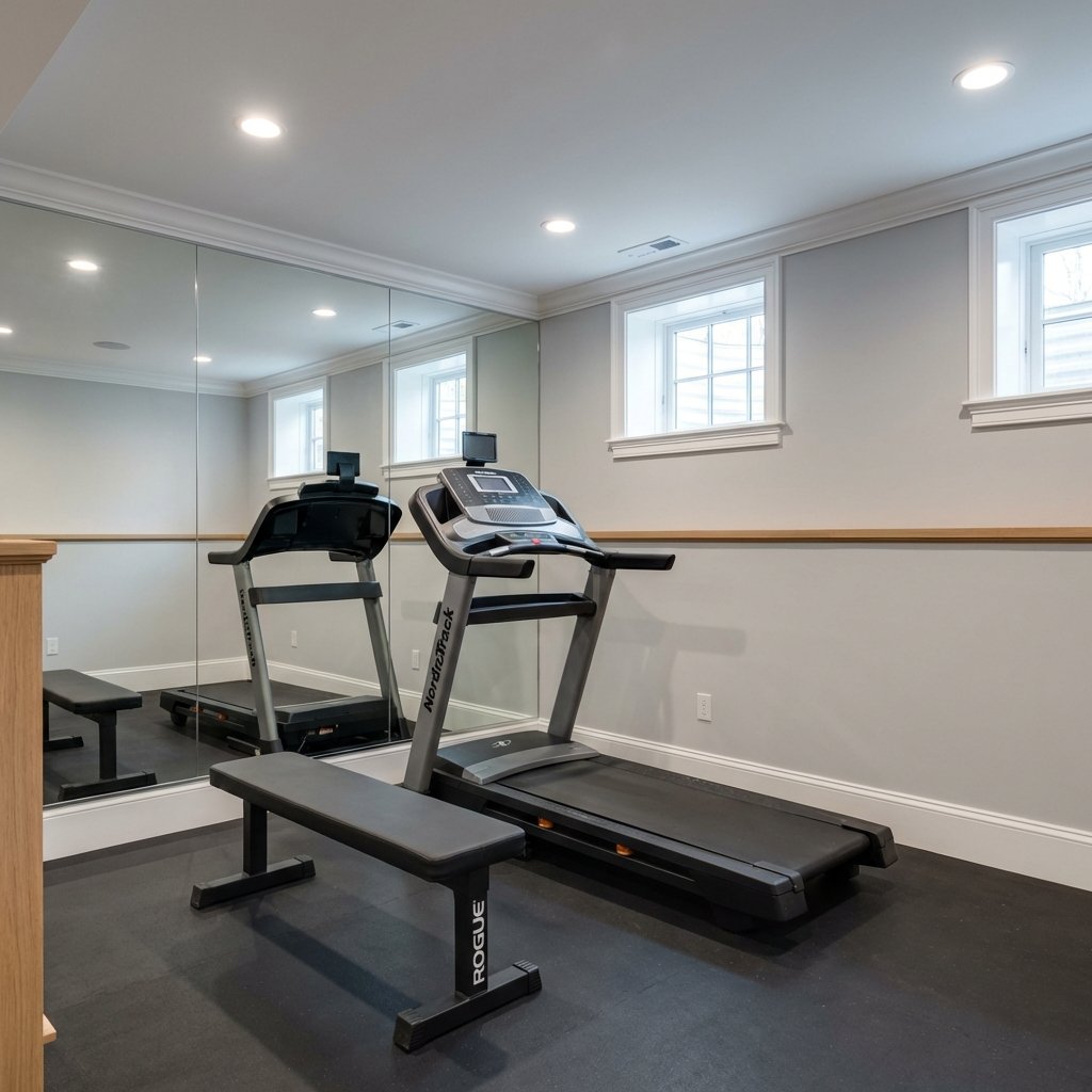 Finished basement home gym with mirrors
