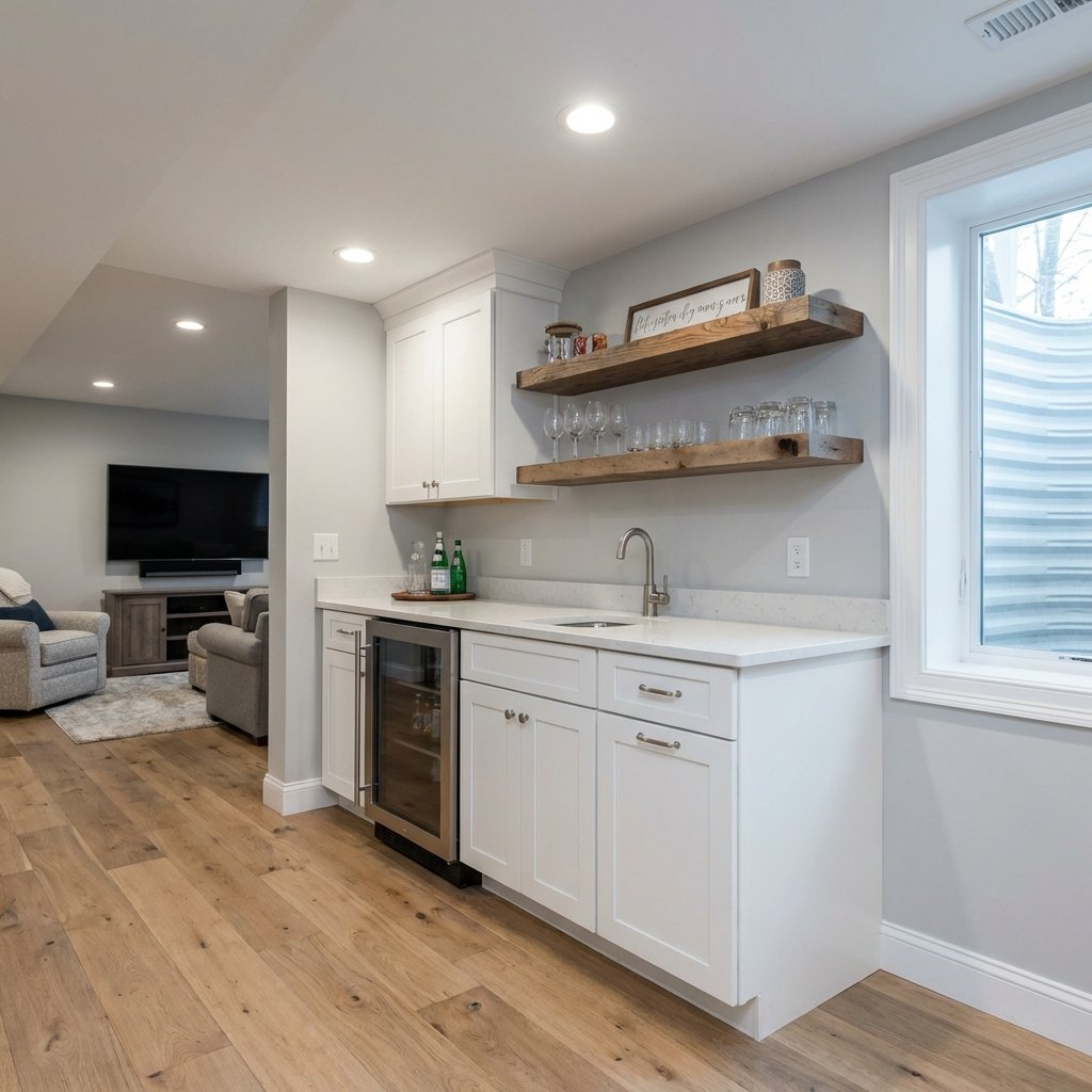Basement kitchenette with floating shelves Acton MA