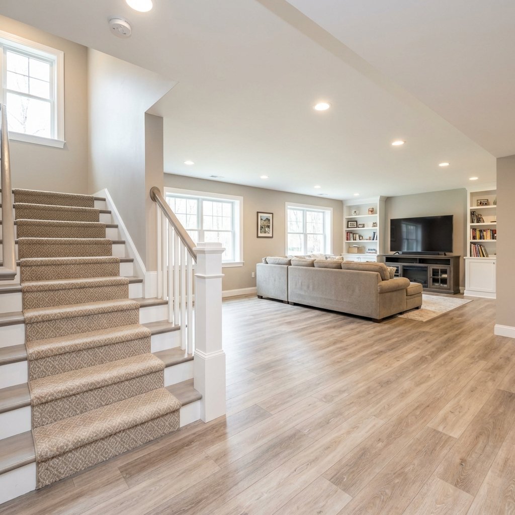 Staircase and open basement view Needham MA