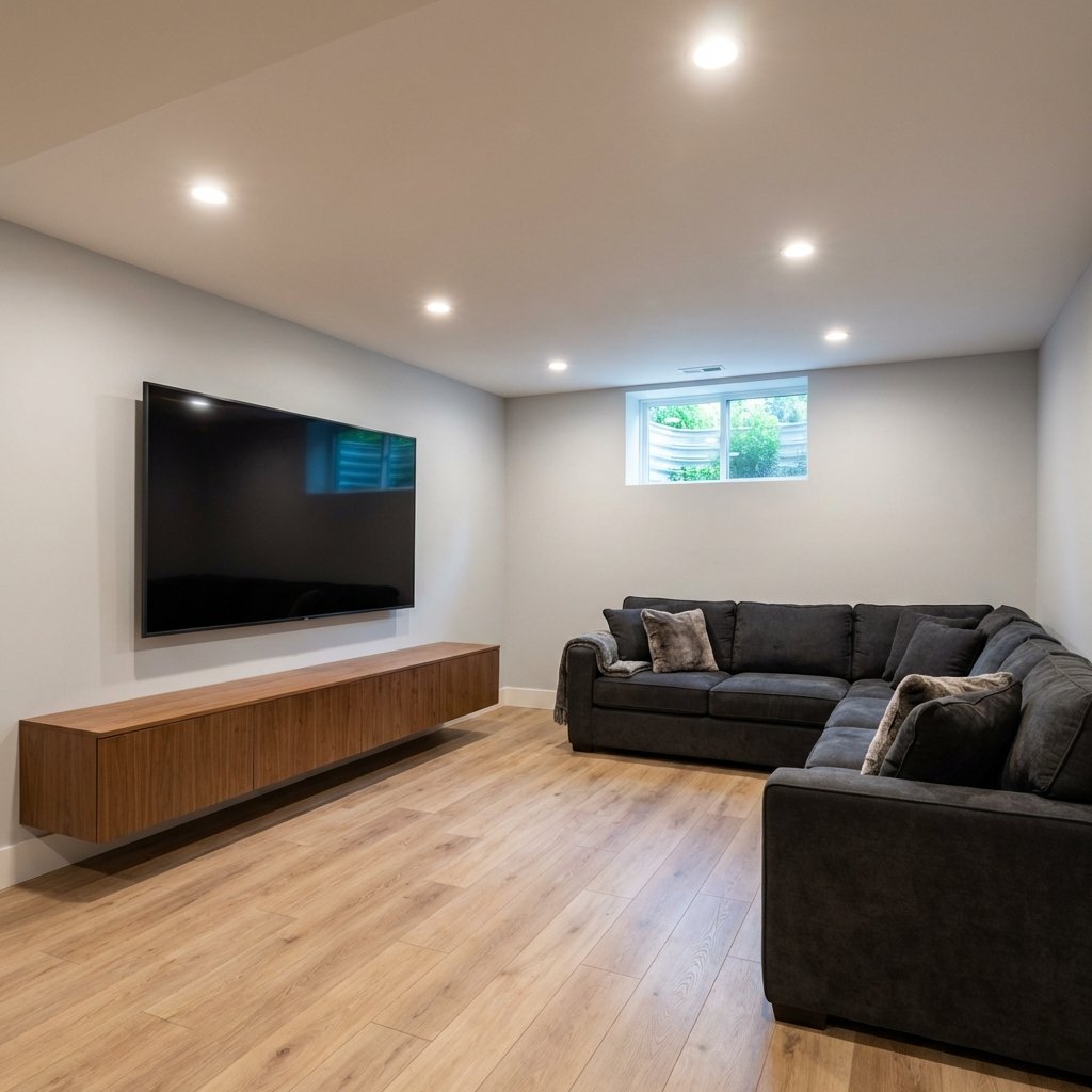 Modern basement media room Newton MA