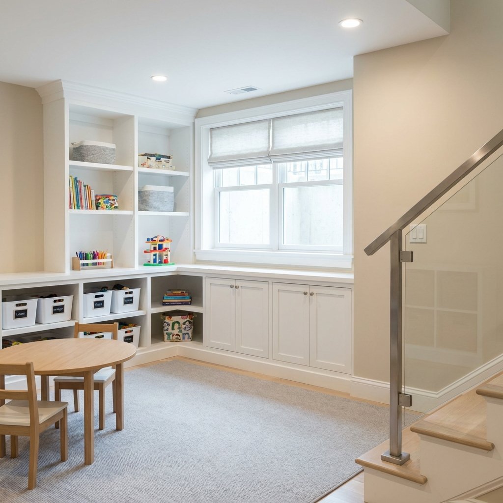 Basement playroom with toy storage Newton MA