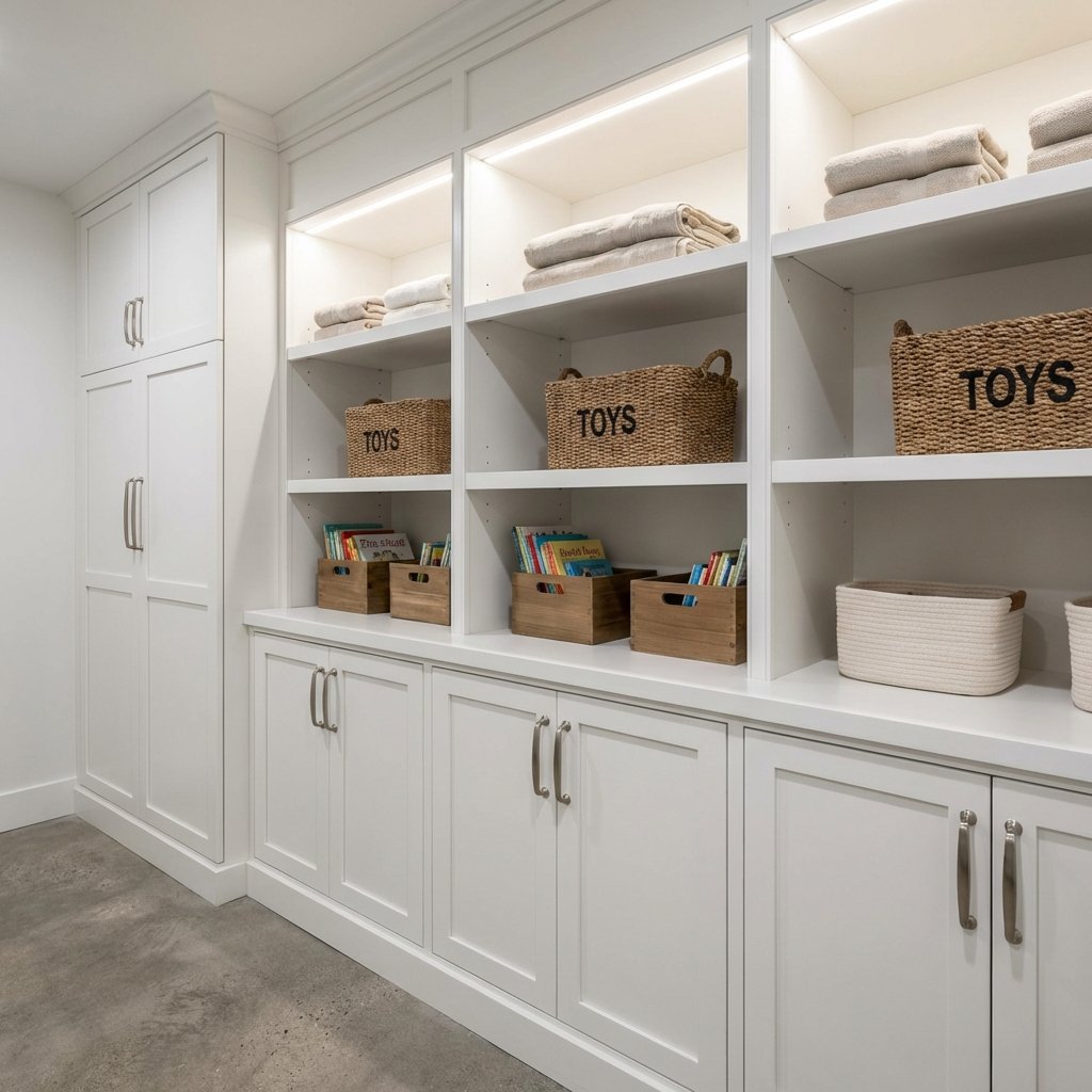 Built-in storage shelves for organization