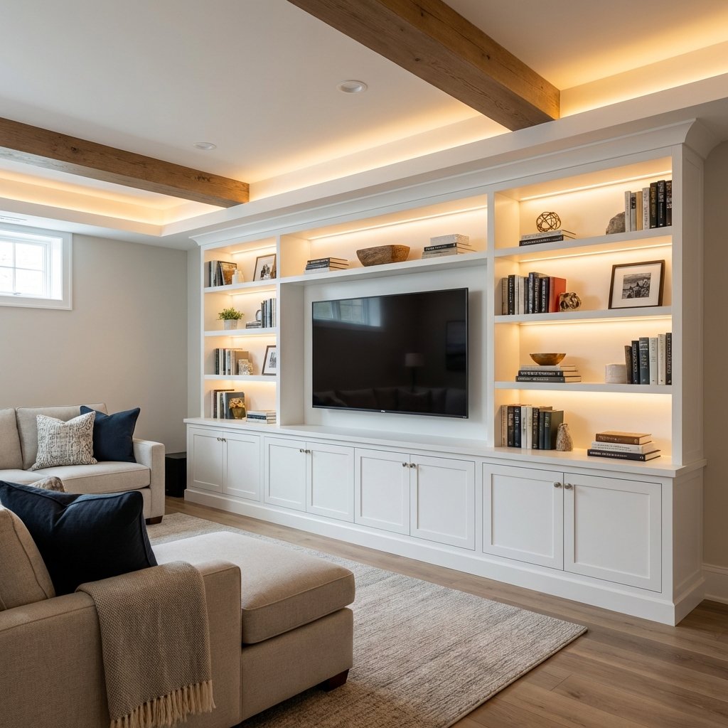 Basement living area with integrated shelving